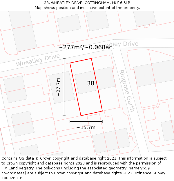 38, WHEATLEY DRIVE, COTTINGHAM, HU16 5LR: Plot and title map