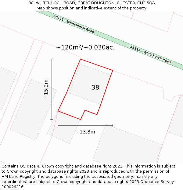 38, WHITCHURCH ROAD, GREAT BOUGHTON, CHESTER, CH3 5QA: Plot and title map