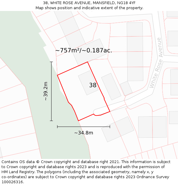 38, WHITE ROSE AVENUE, MANSFIELD, NG18 4YF: Plot and title map