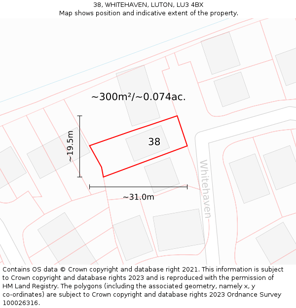 38, WHITEHAVEN, LUTON, LU3 4BX: Plot and title map