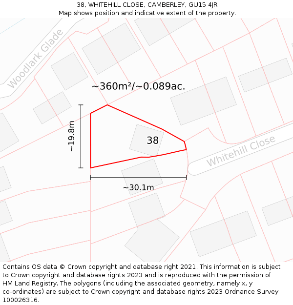 38, WHITEHILL CLOSE, CAMBERLEY, GU15 4JR: Plot and title map