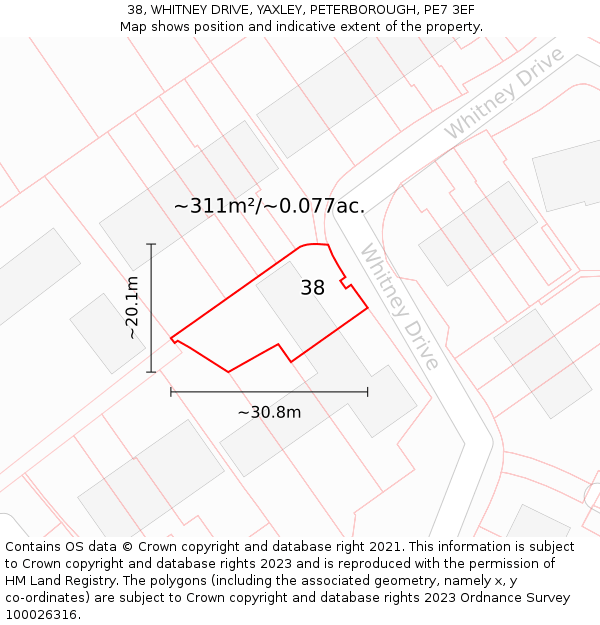 38, WHITNEY DRIVE, YAXLEY, PETERBOROUGH, PE7 3EF: Plot and title map
