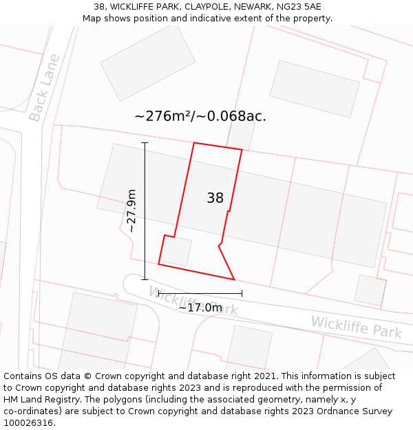 38, WICKLIFFE PARK, CLAYPOLE, NEWARK, NG23 5AE: Plot and title map