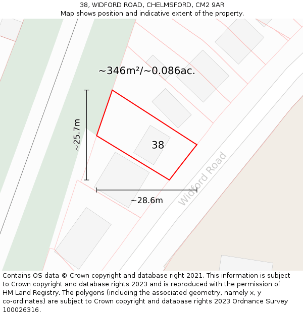 38, WIDFORD ROAD, CHELMSFORD, CM2 9AR: Plot and title map