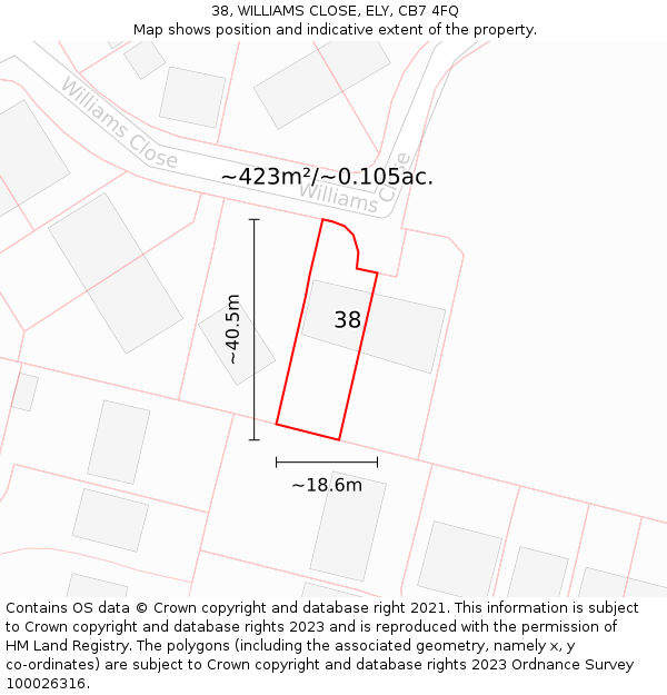 38, WILLIAMS CLOSE, ELY, CB7 4FQ: Plot and title map