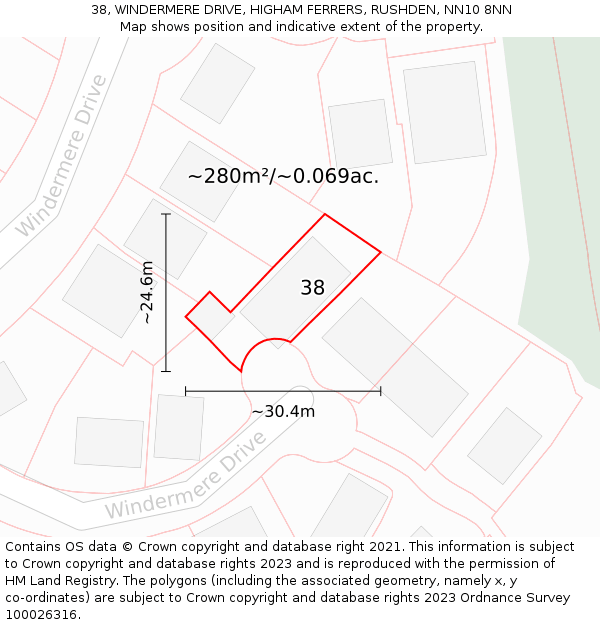 38, WINDERMERE DRIVE, HIGHAM FERRERS, RUSHDEN, NN10 8NN: Plot and title map