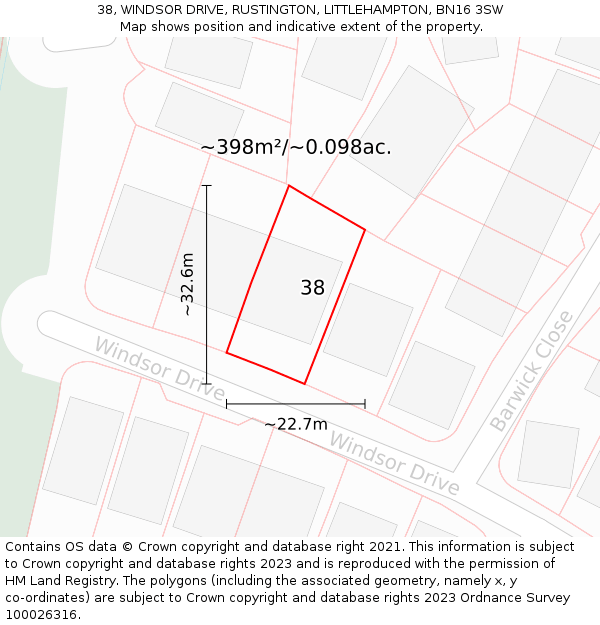 38, WINDSOR DRIVE, RUSTINGTON, LITTLEHAMPTON, BN16 3SW: Plot and title map