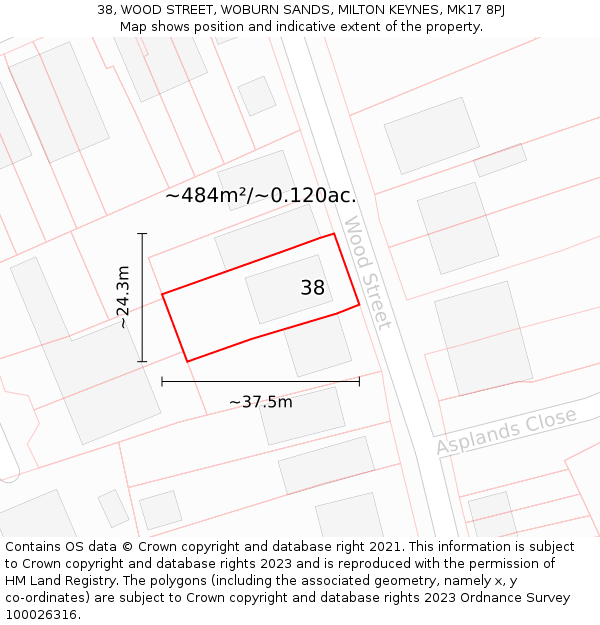 38, WOOD STREET, WOBURN SANDS, MILTON KEYNES, MK17 8PJ: Plot and title map