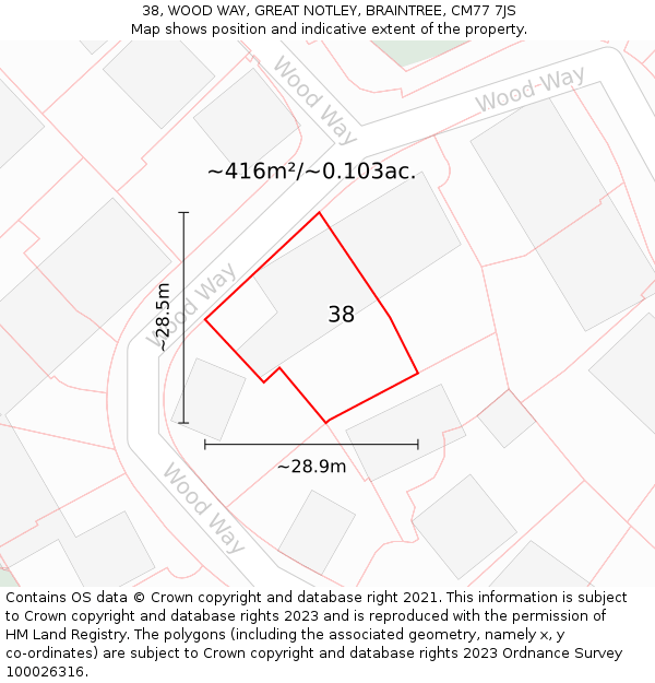 38, WOOD WAY, GREAT NOTLEY, BRAINTREE, CM77 7JS: Plot and title map