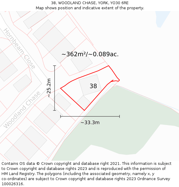38, WOODLAND CHASE, YORK, YO30 6RE: Plot and title map