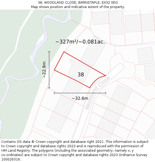 38, WOODLAND CLOSE, BARNSTAPLE, EX32 0EG: Plot and title map
