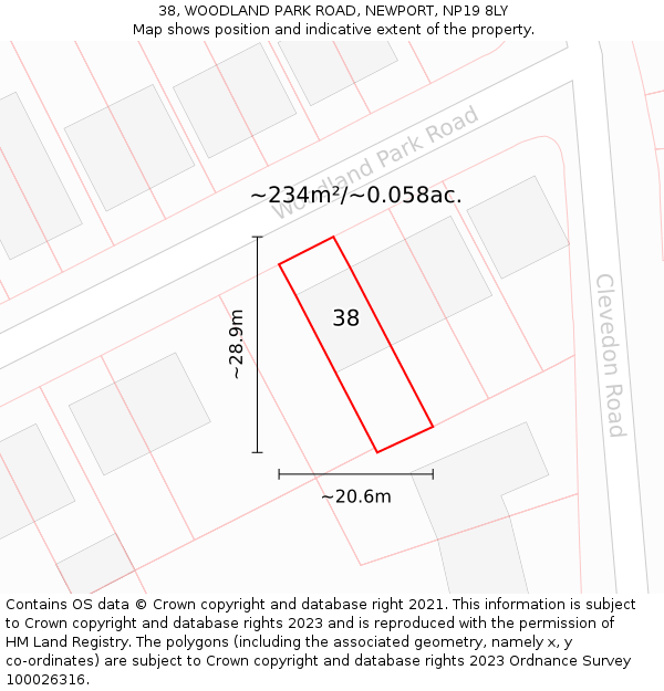 38, WOODLAND PARK ROAD, NEWPORT, NP19 8LY: Plot and title map