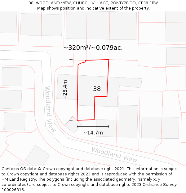 38, WOODLAND VIEW, CHURCH VILLAGE, PONTYPRIDD, CF38 1RW: Plot and title map