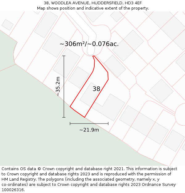 38, WOODLEA AVENUE, HUDDERSFIELD, HD3 4EF: Plot and title map