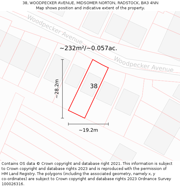 38, WOODPECKER AVENUE, MIDSOMER NORTON, RADSTOCK, BA3 4NN: Plot and title map