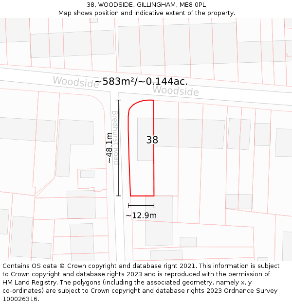38, WOODSIDE, GILLINGHAM, ME8 0PL: Plot and title map