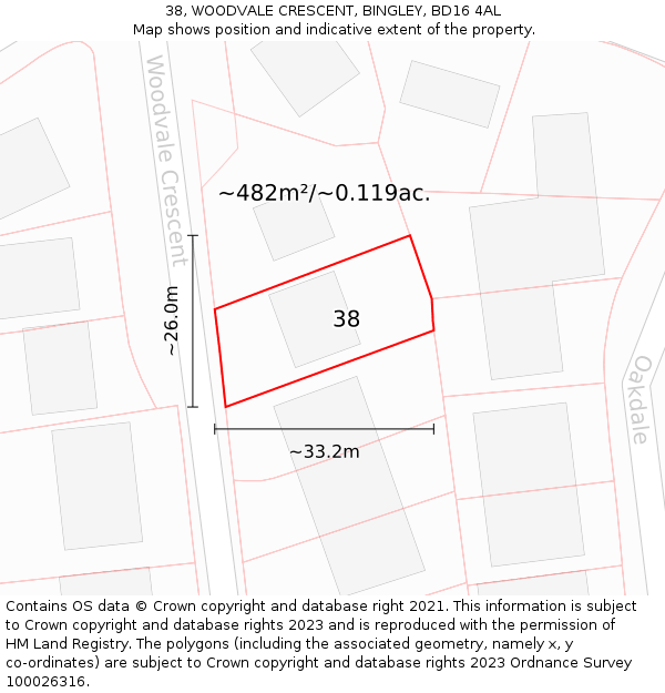38, WOODVALE CRESCENT, BINGLEY, BD16 4AL: Plot and title map