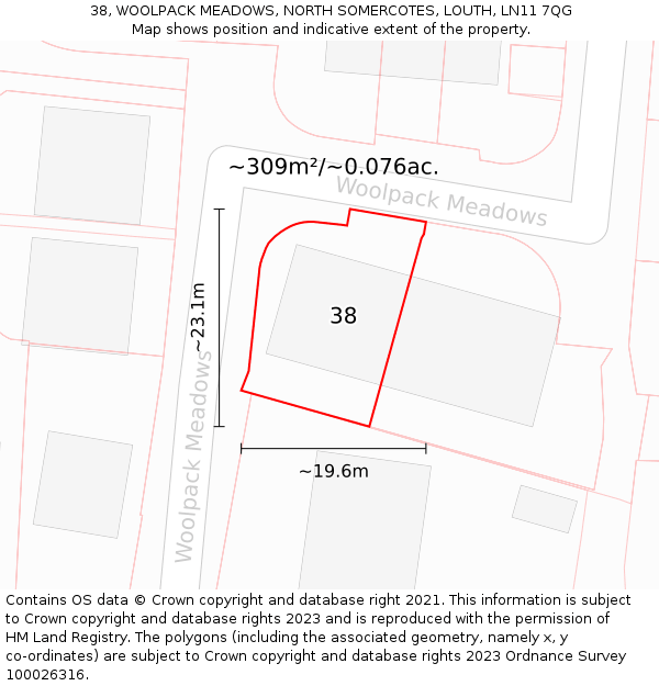 38, WOOLPACK MEADOWS, NORTH SOMERCOTES, LOUTH, LN11 7QG: Plot and title map