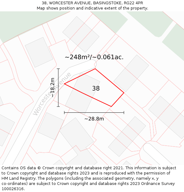 38, WORCESTER AVENUE, BASINGSTOKE, RG22 4PR: Plot and title map