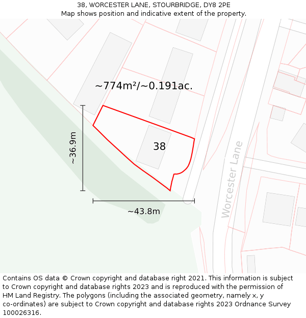 38, WORCESTER LANE, STOURBRIDGE, DY8 2PE: Plot and title map