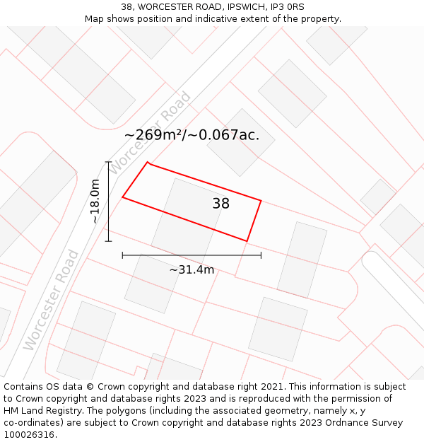 38, WORCESTER ROAD, IPSWICH, IP3 0RS: Plot and title map
