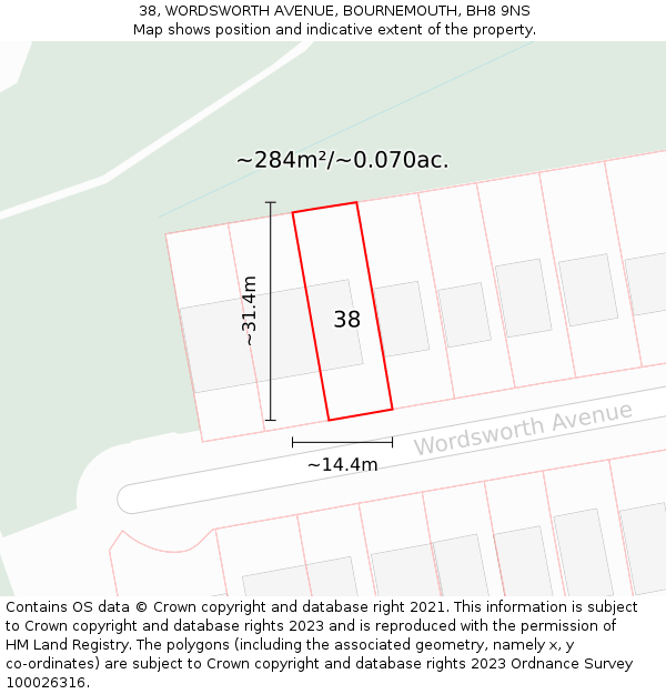 38, WORDSWORTH AVENUE, BOURNEMOUTH, BH8 9NS: Plot and title map