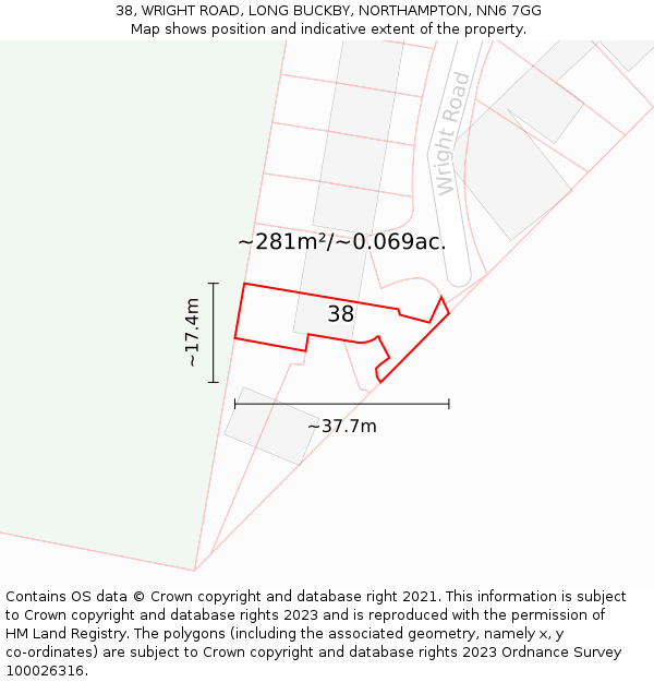 38, WRIGHT ROAD, LONG BUCKBY, NORTHAMPTON, NN6 7GG: Plot and title map