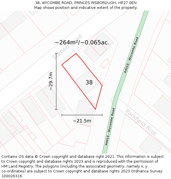 38, WYCOMBE ROAD, PRINCES RISBOROUGH, HP27 0EN: Plot and title map
