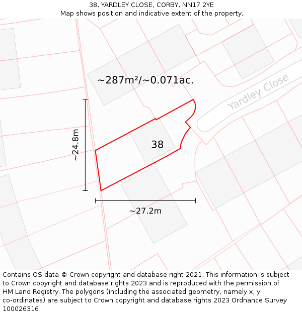 38, YARDLEY CLOSE, CORBY, NN17 2YE: Plot and title map