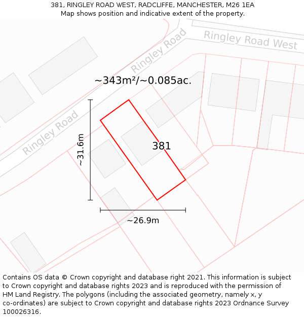 381, RINGLEY ROAD WEST, RADCLIFFE, MANCHESTER, M26 1EA: Plot and title map