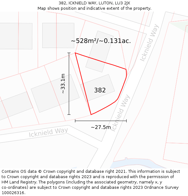 382, ICKNIELD WAY, LUTON, LU3 2JX: Plot and title map