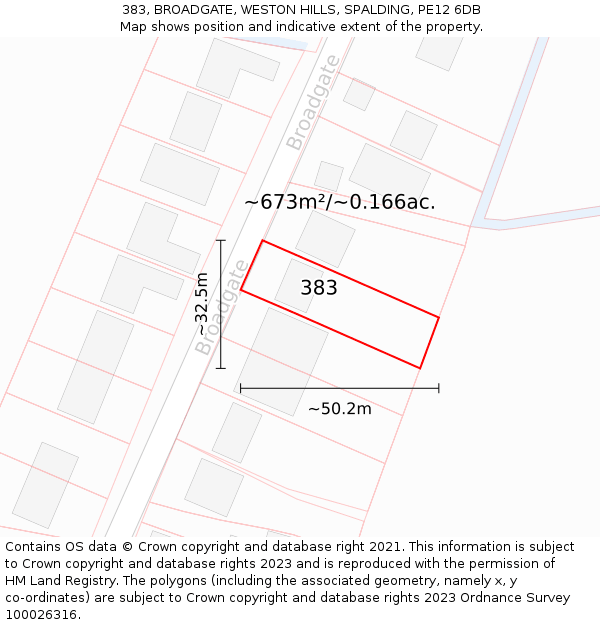 383, BROADGATE, WESTON HILLS, SPALDING, PE12 6DB: Plot and title map