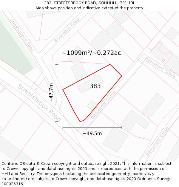 383, STREETSBROOK ROAD, SOLIHULL, B91 1RL: Plot and title map