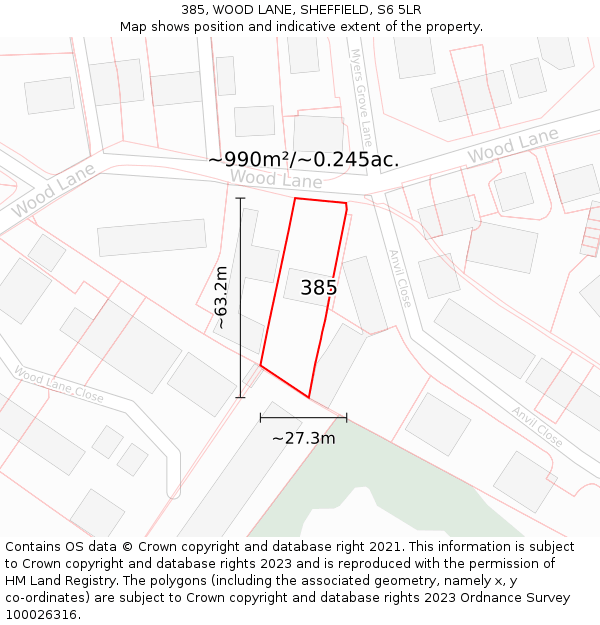 385, WOOD LANE, SHEFFIELD, S6 5LR: Plot and title map