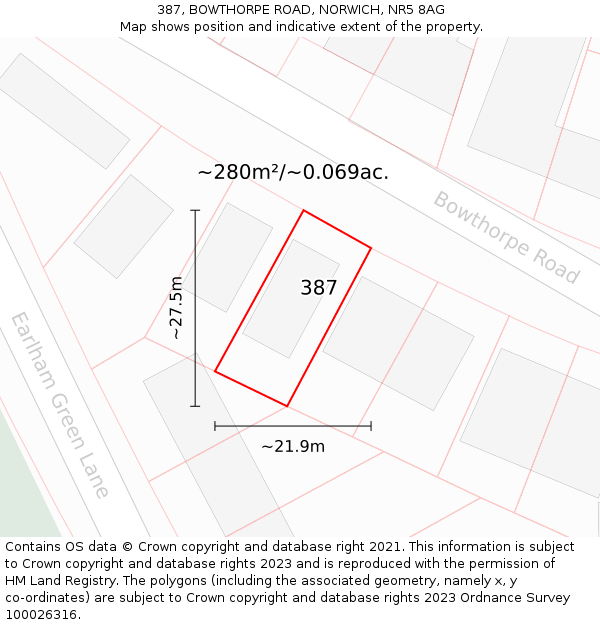 387, BOWTHORPE ROAD, NORWICH, NR5 8AG: Plot and title map