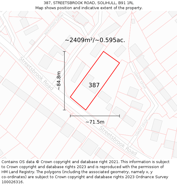 387, STREETSBROOK ROAD, SOLIHULL, B91 1RL: Plot and title map