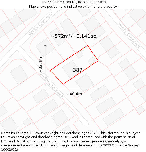 387, VERITY CRESCENT, POOLE, BH17 8TS: Plot and title map