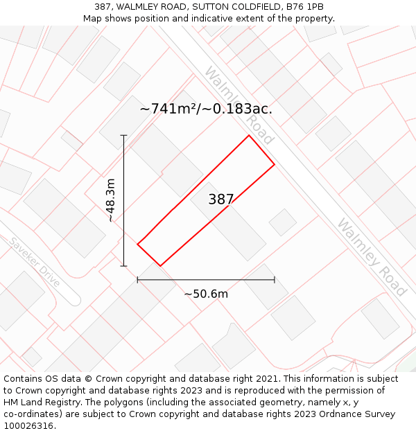 387, WALMLEY ROAD, SUTTON COLDFIELD, B76 1PB: Plot and title map
