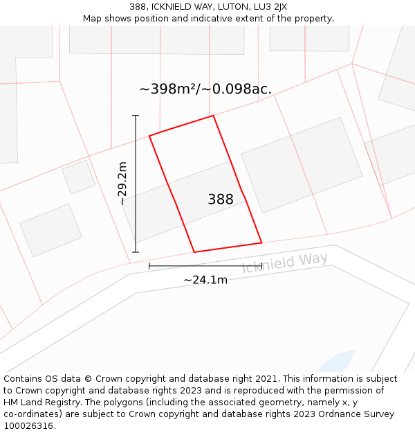 388, ICKNIELD WAY, LUTON, LU3 2JX: Plot and title map