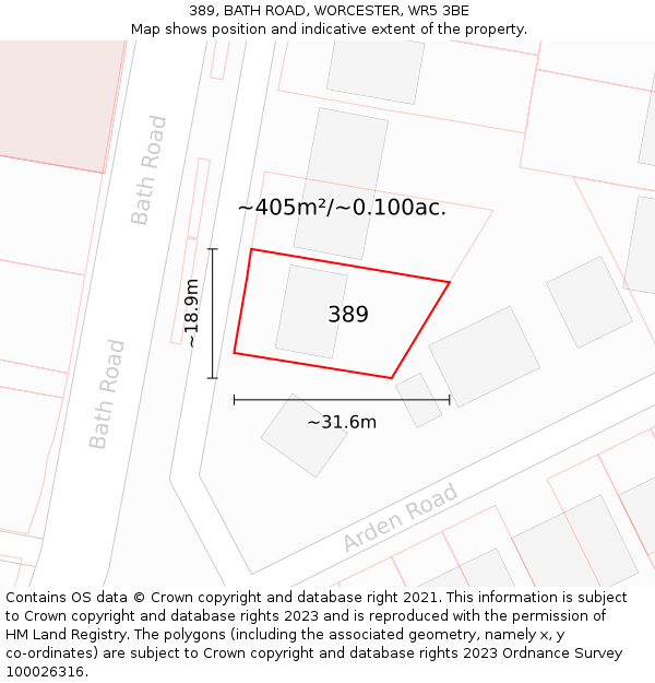 389, BATH ROAD, WORCESTER, WR5 3BE: Plot and title map