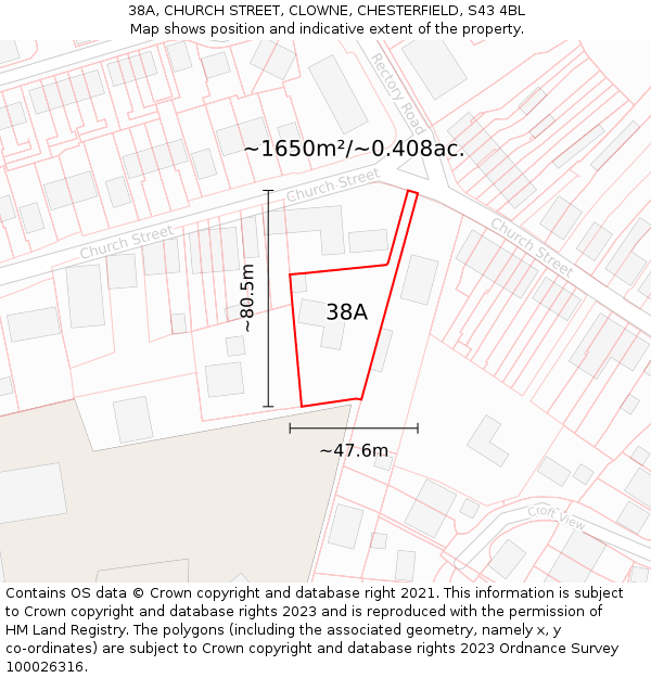 38A, CHURCH STREET, CLOWNE, CHESTERFIELD, S43 4BL: Plot and title map