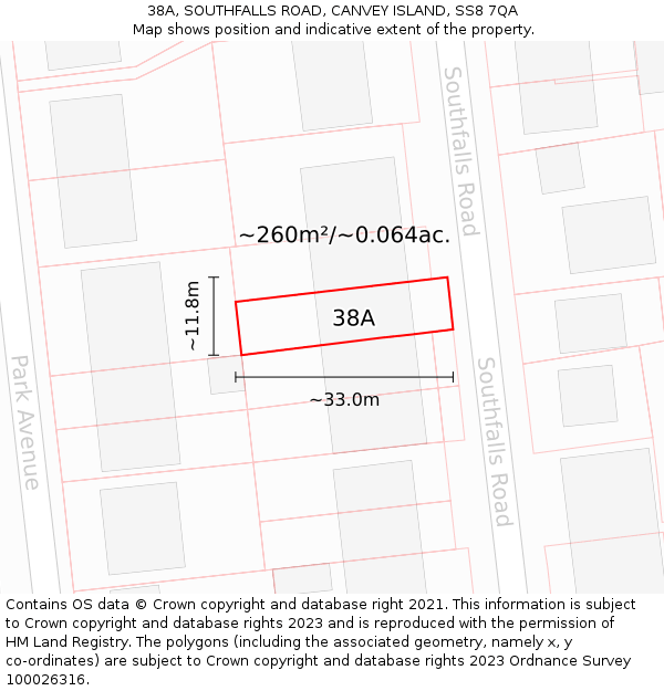 38A, SOUTHFALLS ROAD, CANVEY ISLAND, SS8 7QA: Plot and title map