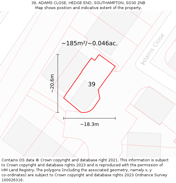 39, ADAMS CLOSE, HEDGE END, SOUTHAMPTON, SO30 2NB: Plot and title map