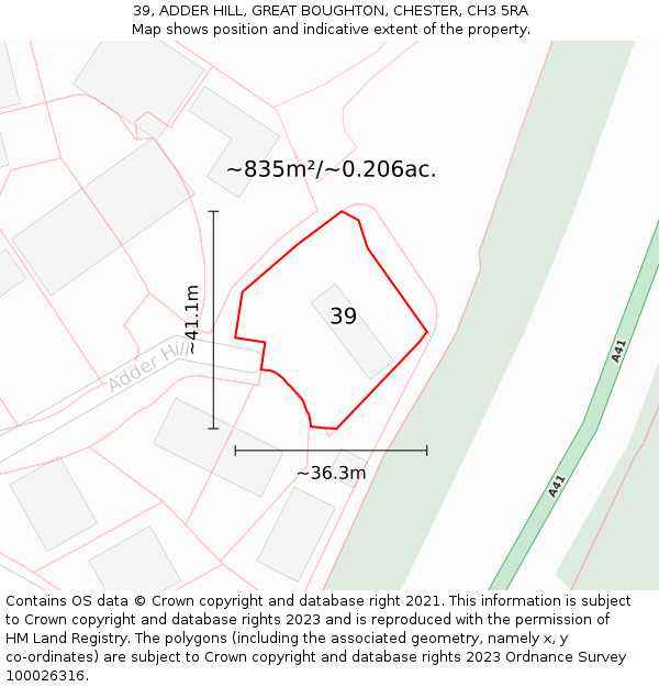39, ADDER HILL, GREAT BOUGHTON, CHESTER, CH3 5RA: Plot and title map