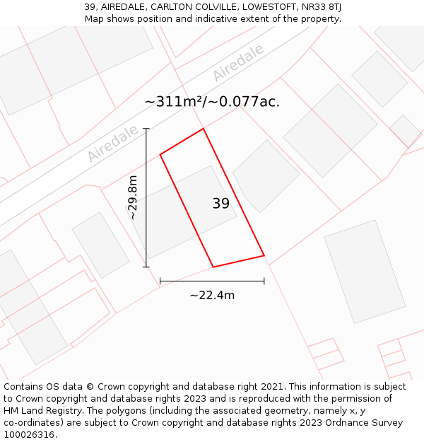 39, AIREDALE, CARLTON COLVILLE, LOWESTOFT, NR33 8TJ: Plot and title map