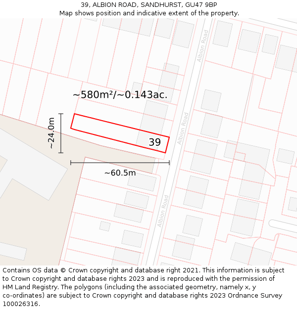 39, ALBION ROAD, SANDHURST, GU47 9BP: Plot and title map