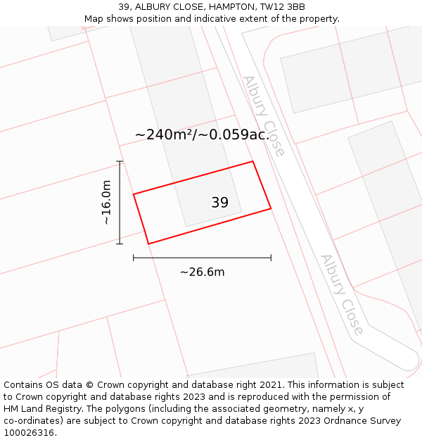 39, ALBURY CLOSE, HAMPTON, TW12 3BB: Plot and title map