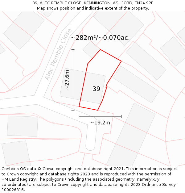 39, ALEC PEMBLE CLOSE, KENNINGTON, ASHFORD, TN24 9PF: Plot and title map