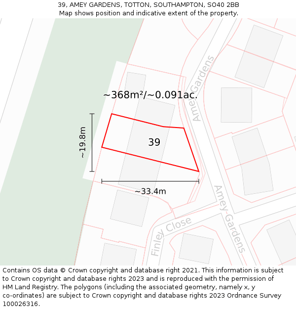 39, AMEY GARDENS, TOTTON, SOUTHAMPTON, SO40 2BB: Plot and title map