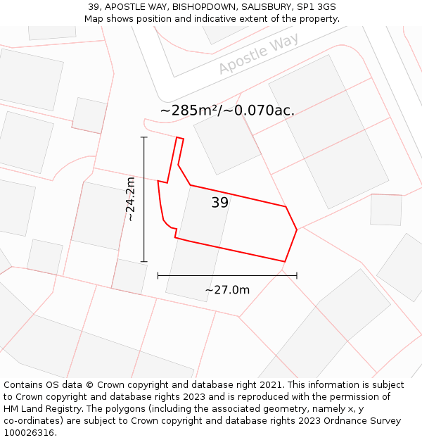 39, APOSTLE WAY, BISHOPDOWN, SALISBURY, SP1 3GS: Plot and title map